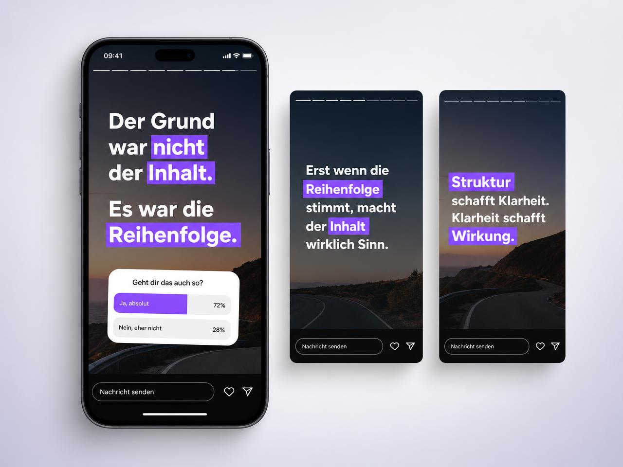 Fertig gestaltete StoryFlow-Storys mit Text-Overlay und Umfrage-Sticker auf dem Smartphone