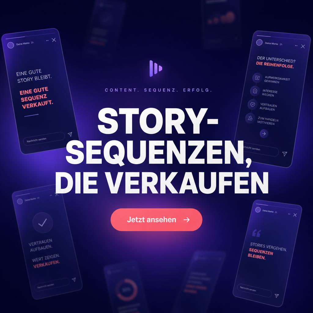 Dunkles Social-Media-Werbebild mit der Aussage Story-Sequenzen, die verkaufen