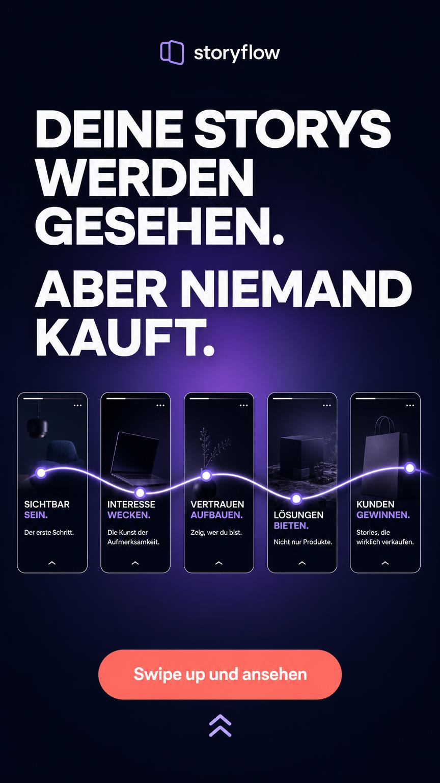Story-Werbebild im Hochformat mit der Aussage Deine Storys werden gesehen, aber niemand kauft