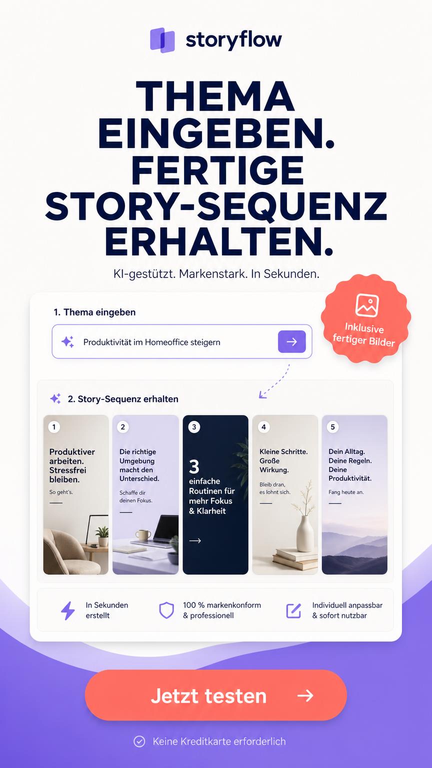 Helles Story-Werbebild mit Ablauf vom Thema zur fertigen Story-Sequenz