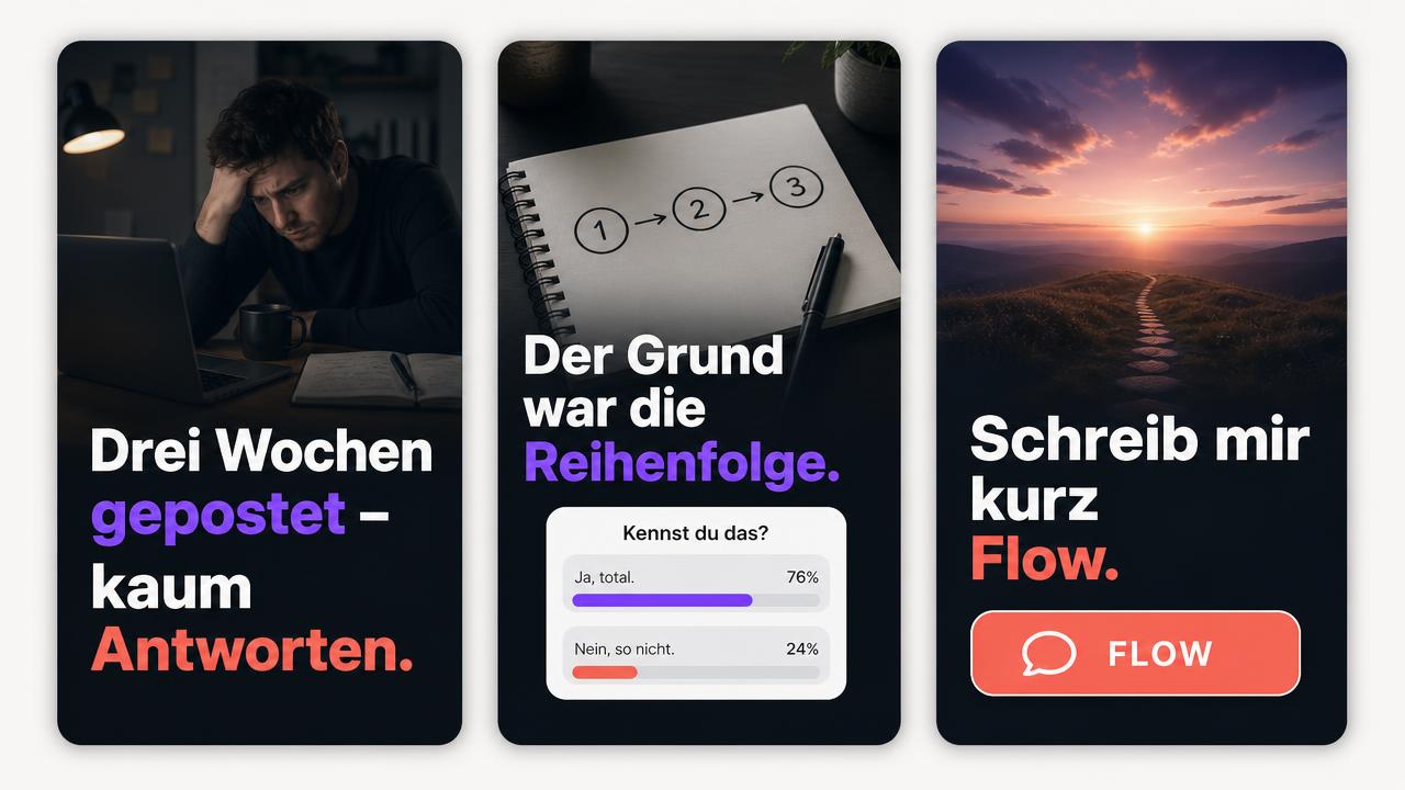 Drei zusammenhängende Smart-Design-Storys mit Hook, Umfrage-Sticker und CTA